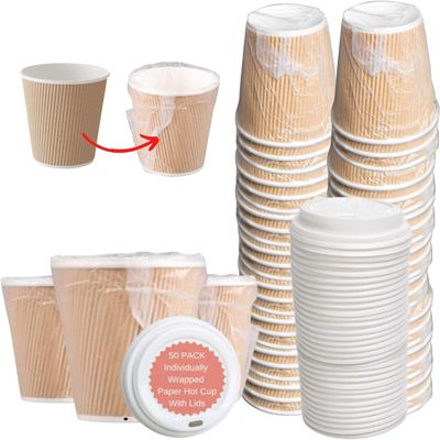 LPS Lowpricesupply 50 PACK 10 oz. Kraft Ripple Individually Wrapped Paper Hot Cup with Lids For Cafe, Hotel Motel Room, takeout box