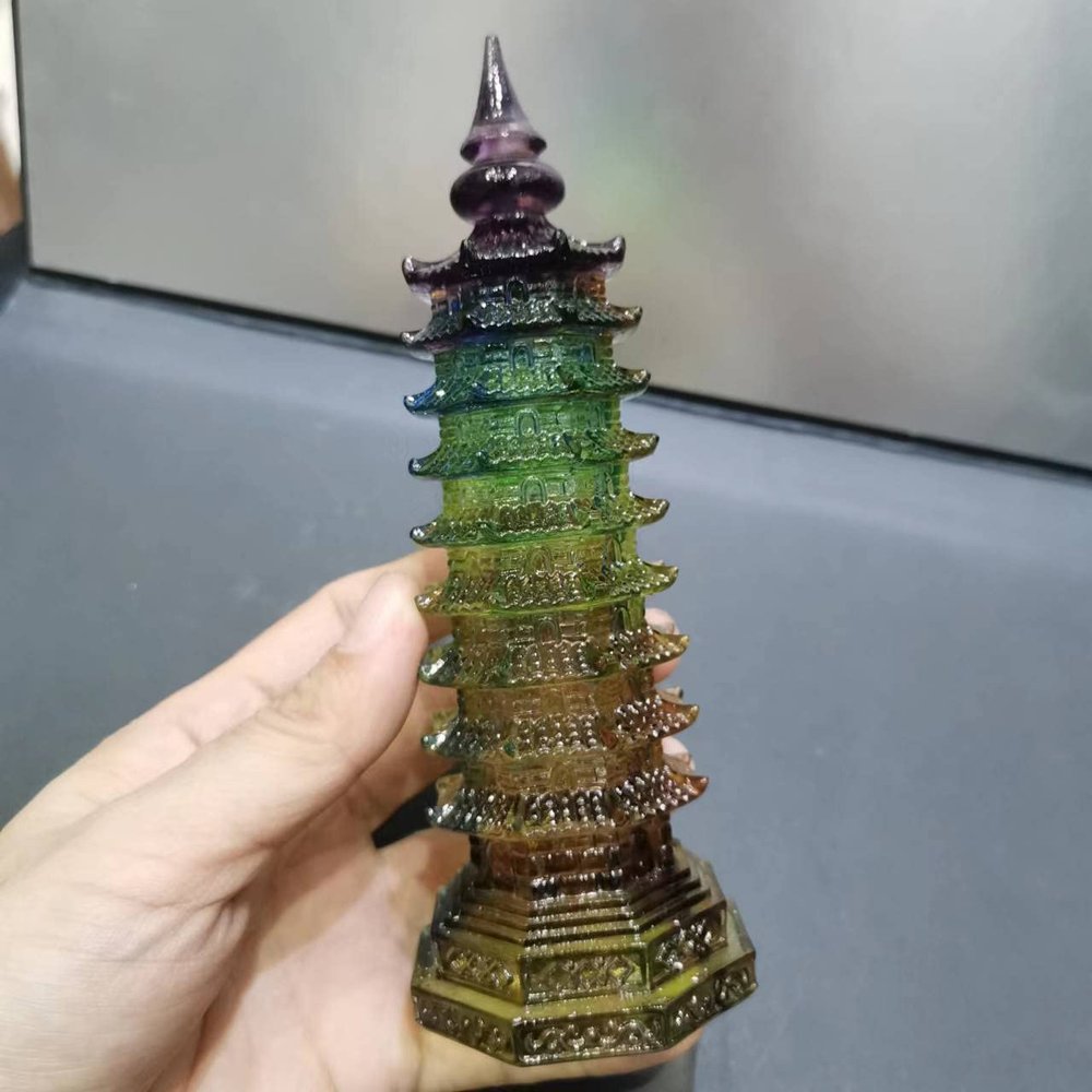 HXSCOO Coloured Glaze Pagoda Point Carved Glass Crystal wenchang Tower Energy Chakra Crystal Healing