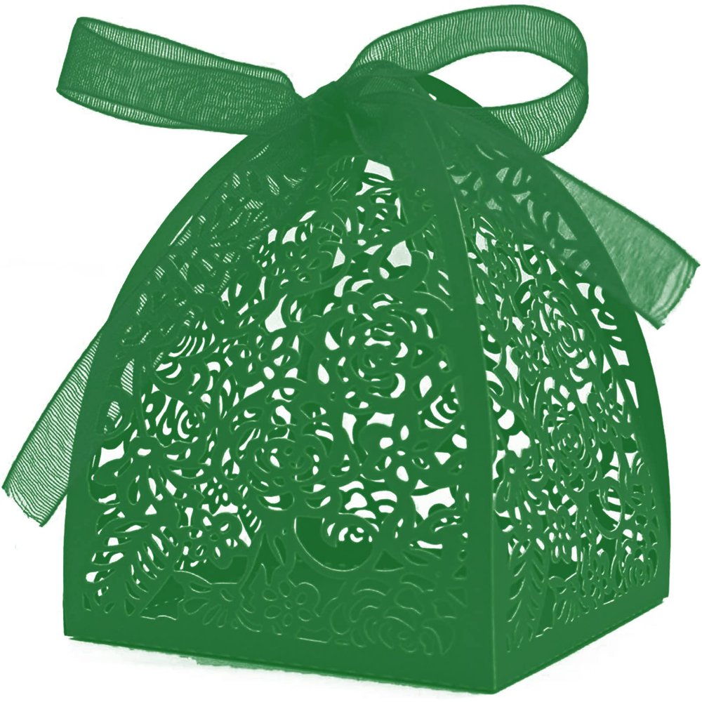 50 Pieces Beauty Laser Cut Favor Boxes DIY Wedding Birthday Gift Candy Boxes with Ribbons (Green)