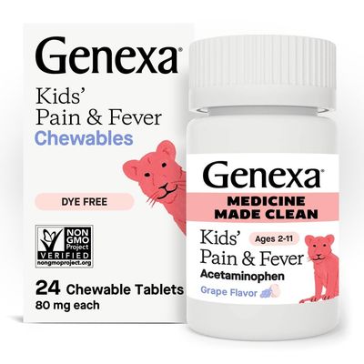 Genexa Kids Clean Pain & Fever Acetaminophen Chewables, Dye Free, 0% Artificial Additives, Delicious Grape Flavor, Chewable Medicine for Children 2-11, 80 mg per Tablet, 24ct