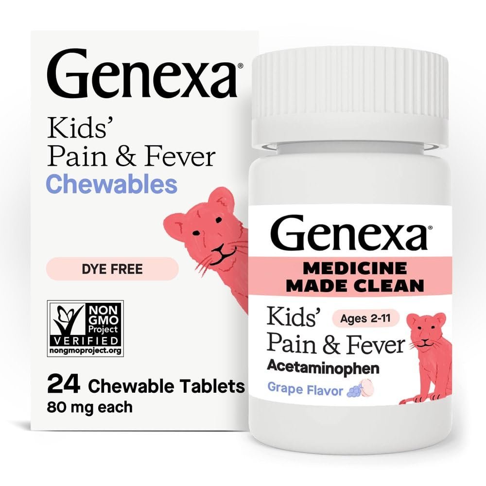 Genexa Kids Clean Pain & Fever Acetaminophen Chewables, Dye Free, 0% Artificial Additives, Delicious Grape Flavor, Chewable Medicine for Children 2-11, 80 mg per Tablet, 24ct