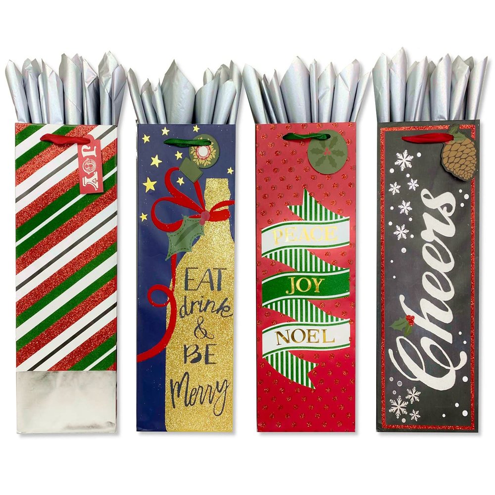 THE JOY TREE Bottle Gift Bags and Tissue - Set of 4 Holiday Bags