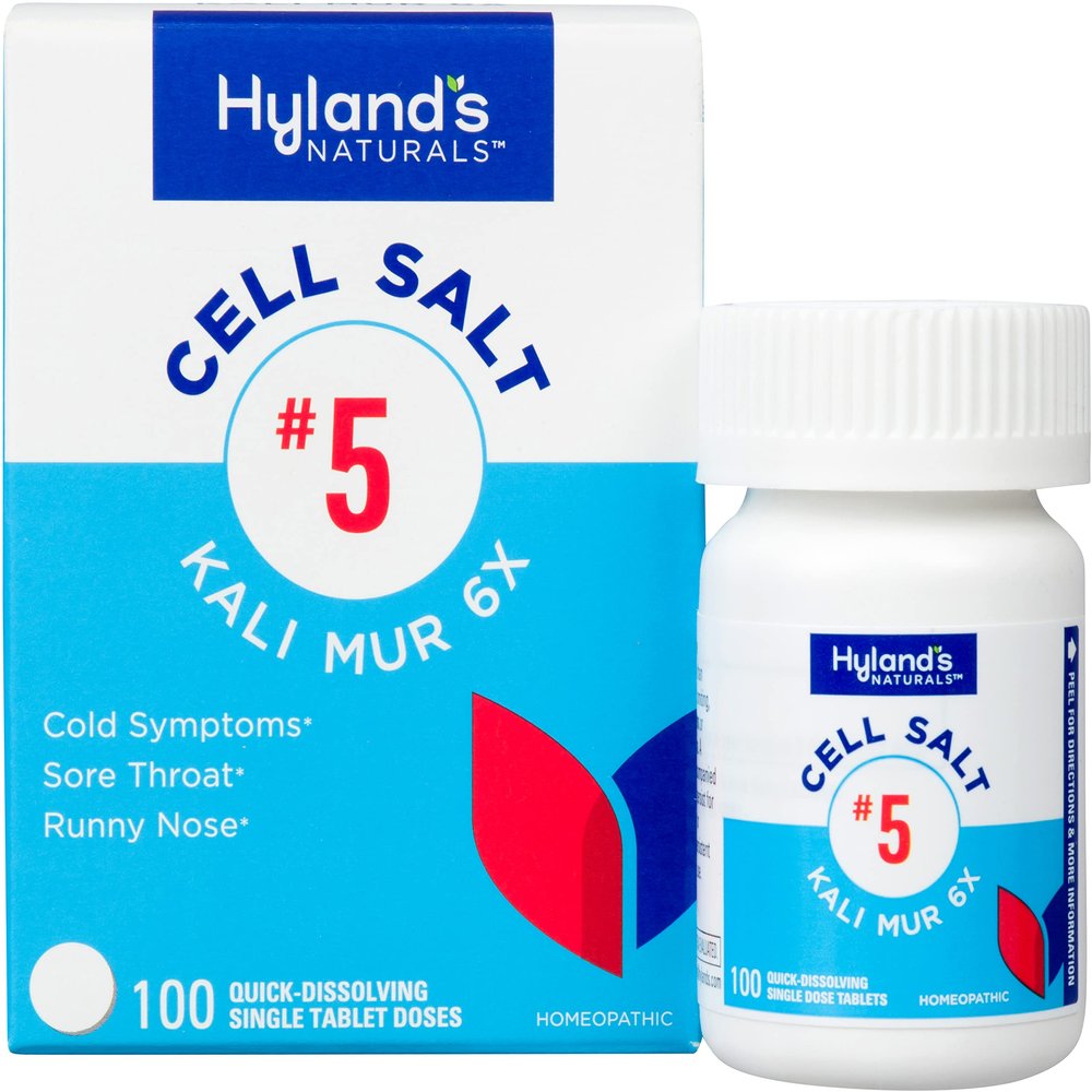 Hyland's No. 5 Cell Salt Kali Mur 6X Tablets, Cold Medicine and Sore Throat Relief, Natural Treatment of Colds, Sore Throats, Runny Nose, and Burns, Quick Dissolving Tablets, 100 Count