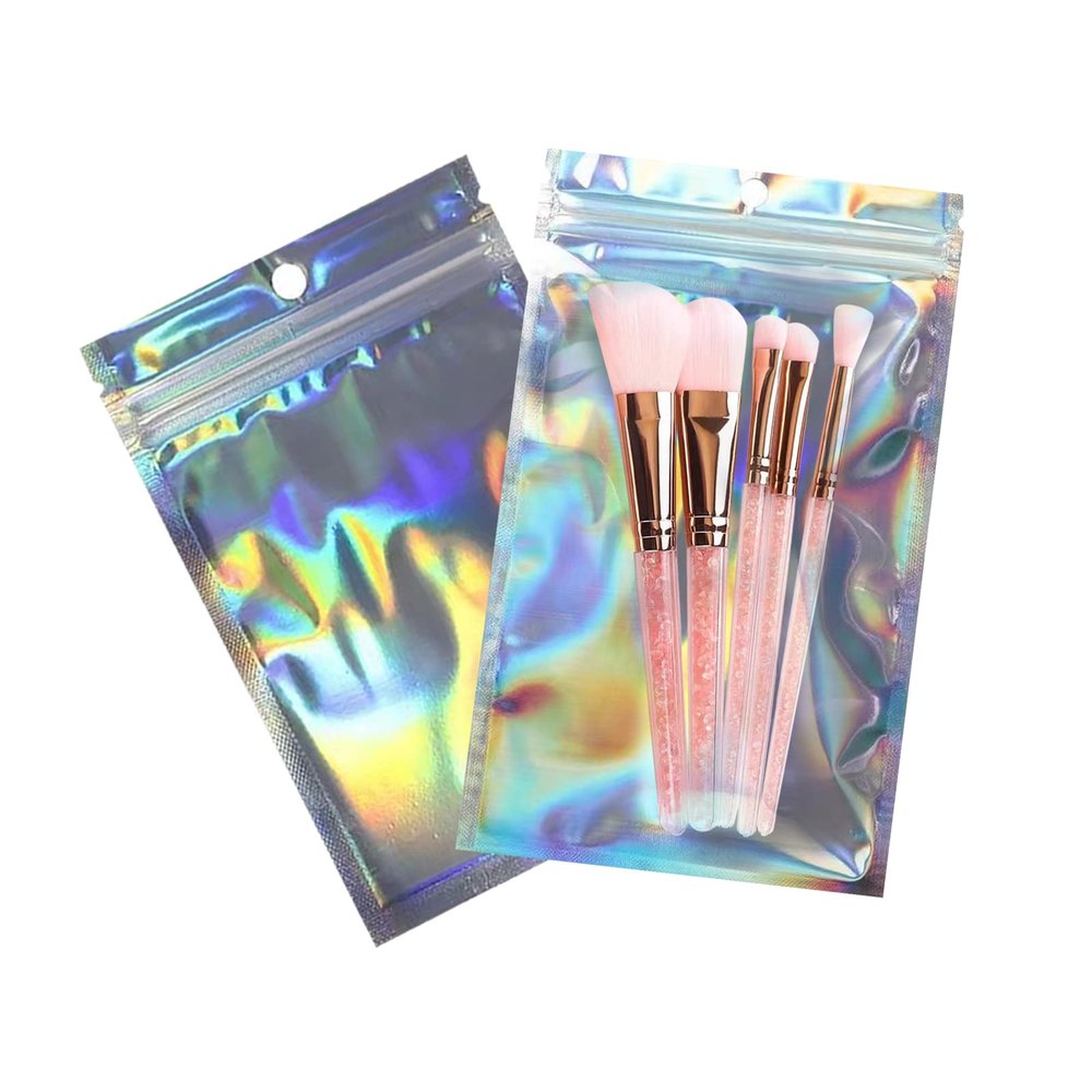 100 PCS Holographic Packaging Bags zipper bags for small business, Resealable Food Bags Foil Storage Baggies with Clear Window, Heat Sealable Bag for Foods, Jewelry, Lipgloss, Eyelash (5.9x8.7inch)