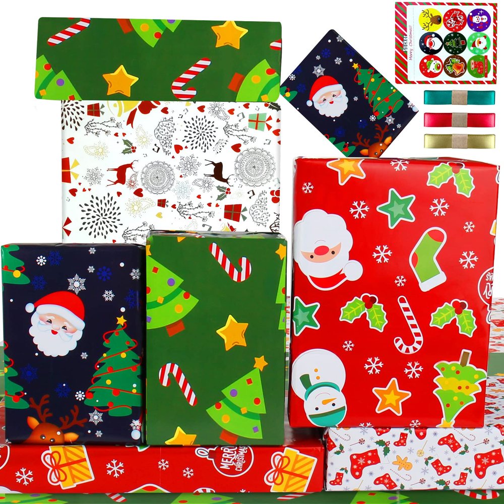Kids Christmas Wrapping Paper Sheets Children Gift Wrapping Paper XMAS Gift Wrap Paper Set with Sticker Ribbon with Red Green Deer Tree Santa Design for Present,Christmas Paper Wrap for Kids Children Boys Girls Toddlers (6 Sheets, 28"Lx20"W per Sheet