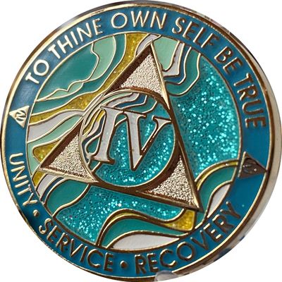 4 Year AA Medallion Elegant Marble Caribbean Aqua Glitter Blue Gold Plated Chip