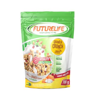 FUTURELIFE Smart Food Crunch Granola | 700g/24.7oz | 7g Protein | High Energy | Contains Probiotics | Rolled Oats | High In Dietary Fiber | (Berries & Fruit, 4)