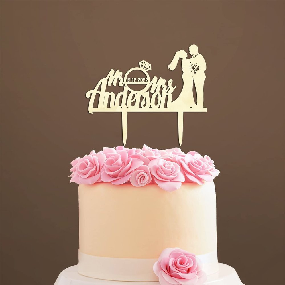 Mr And Mrs Cake Topper with Pet, Mr & Mrs Rustic Wreath Couple's Names Cake Topper, Mirror Gold Acrylic Wedding Cake Topper, Personalized Wedding Cake Topper, Funny Cake Toppers for Wedding