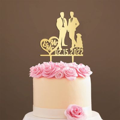 Personalized Mr And Mr Funny Cake Topper Travel Gay Silhouette Cake Topper with Dog Mr And Mr Wedding Cake Topper with Cat Marriage Equality Cake Topper (Mirror Gold Acrylic)