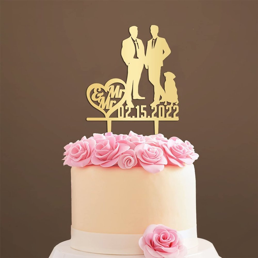 Personalized Mr And Mr Funny Cake Topper Travel Gay Silhouette Cake Topper with Dog Mr And Mr Wedding Cake Topper with Cat Marriage Equality Cake Topper (Mirror Gold Acrylic)