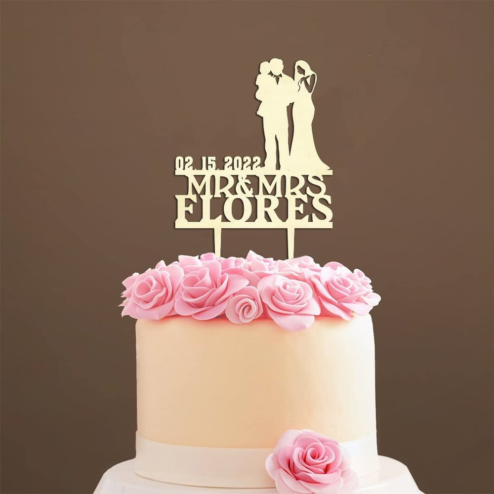 Couple Silhouette Cake Topper with Pet, Mr And Mrs Cake Toppers for Wedding, Mirror Gold Acrylic Cake Topper for Wedding, Custom Cake Toppers for Wedding / Anniversary, Funny Cake Toppers for Wedding