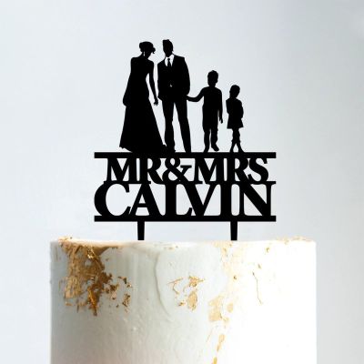 Cake Topper Couple with Children, Mr And Mrs Cake Toppers, Family Wedding Bride And Groom Cake Topper, Black Acrylic Cake Topper, Gift for Anniversary