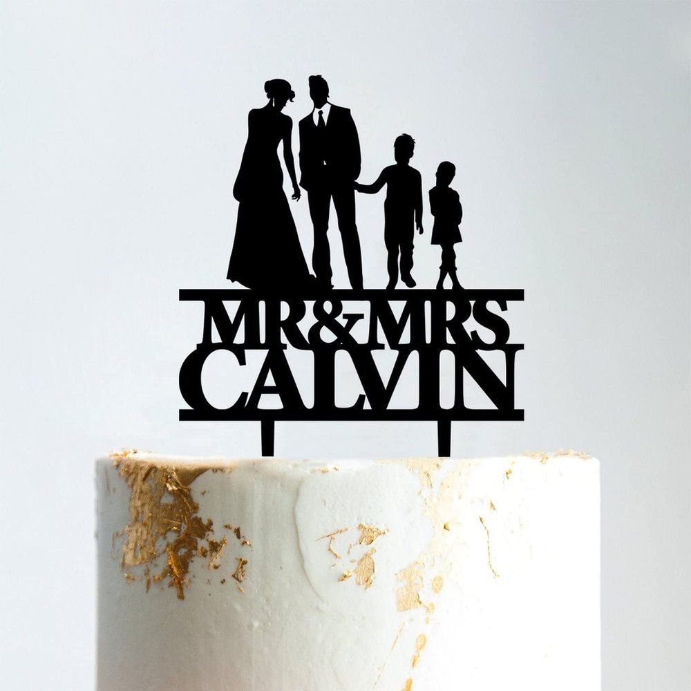 Cake Topper Couple with Children, Mr And Mrs Cake Toppers, Family Wedding Bride And Groom Cake Topper, Black Acrylic Cake Topper, Gift for Anniversary