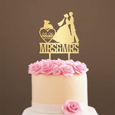 Personalized Mrs And Mrs Funny Cake Topper Lesbian Wedding Cake Topper with Dog Mrs Mrs Wedding Cake Topper with Cat Wedding Cake Topper Rustic (Mirror Gold Acrylic)