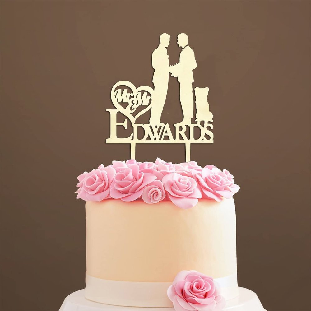 Couple Silhouette Cake Topper with Pet, Mr & Mrs Rustic Wreath Couple's Names Cake Topper, Mirror Gold Acrylic Cake Topper for Wedding, Family Wedding Cake Topper, Funny Cake Toppers for Wedding