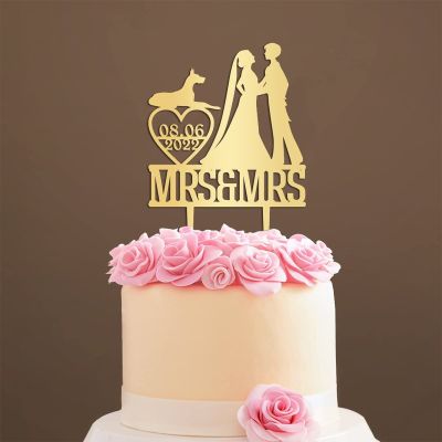 Personalized Cake Topper for Wedding Lesbian Couple Topper with Dog Mrs And Mrs Cake Topper with Cat Same Sex Wedding Cake Topper (Mirror Gold Acrylic)