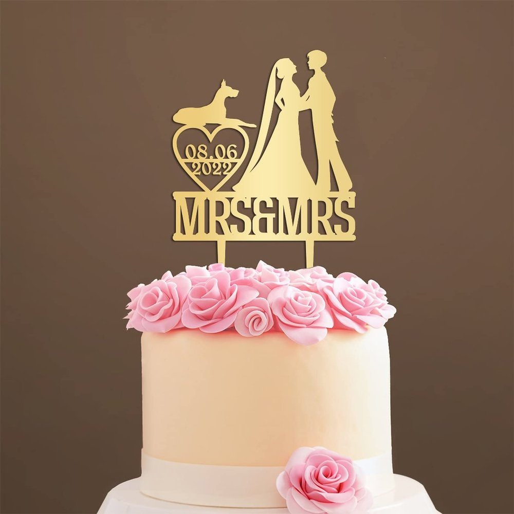 Personalized Cake Topper for Wedding Lesbian Couple Topper with Dog Mrs And Mrs Cake Topper with Cat Same Sex Wedding Cake Topper (Mirror Gold Acrylic)