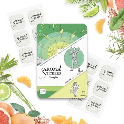 AROMA STICKERS Original Blend Energize - 100% Natural Essential Oil Scented - Diffuser Sticker - Aromatherapy Stickers for Personal Space - Towels, Face Mask & Pillow - (Pack of 1, 12 Stickers)
