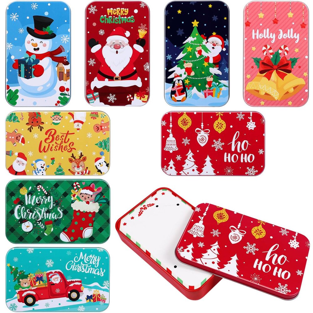Cabilock Christmas Tinplate Card Box, 8Pcs Assorted Color Greeting Gift Card Holders with Lid, Holiday Tin Box for Christmas Party Favors Xmas Present Supplies