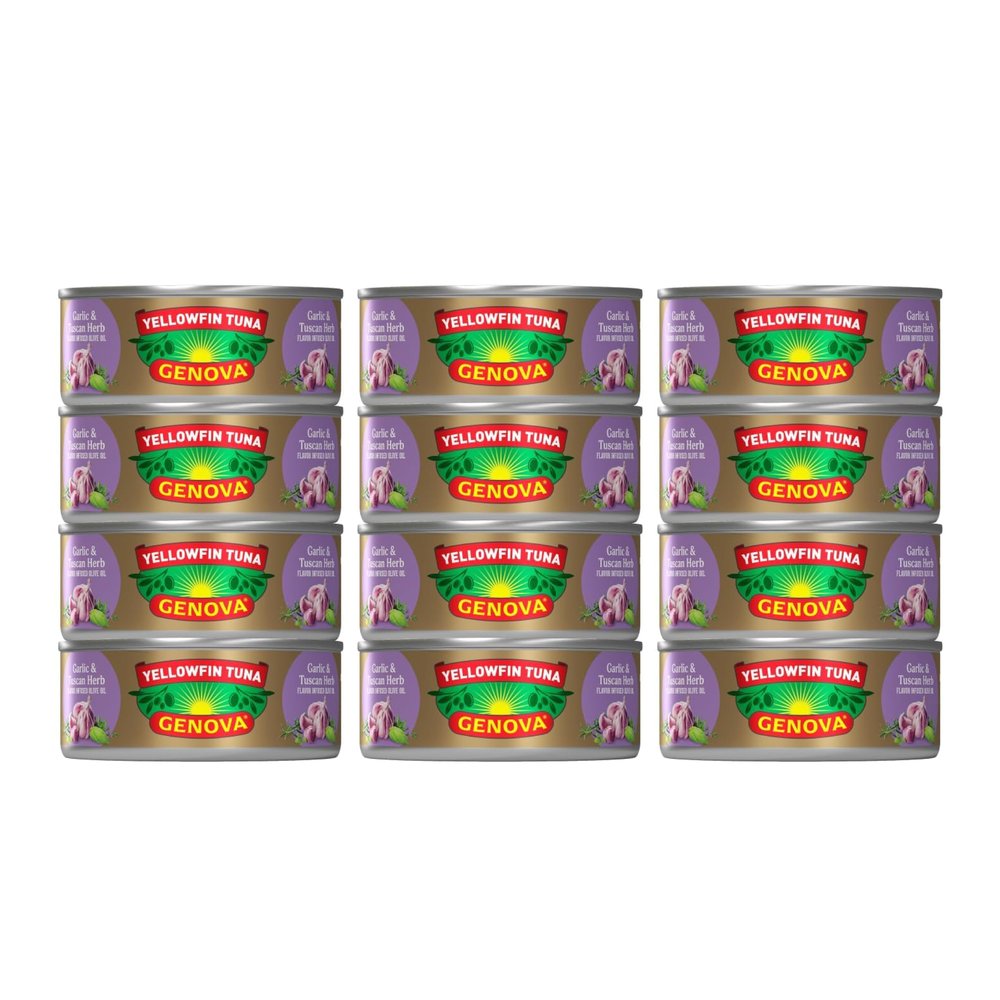 Genova Premium Yellowfin Tuna in Garlic and Tuscan Herb Infused Olive Oil, 5 Ounce Can (Pack of 12), Wild Caught, Solid Light