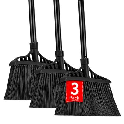 Tiumso 3-Pack Heavy Duty Broom, Commercial Broom with 55" Long Handle Outdoor Indoor, Industrial Brooms for Sweeping Garage Concrete Courtyard Patio Home Kitchen Office - All Black