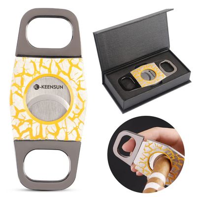 KEENSUN - Zinc Alloy Cigar Cutter Guillotine Stainless Steel Double Blade, Portable Cigar Cutter Tool with Crack Texture Shell (Yellow) and Gift Box