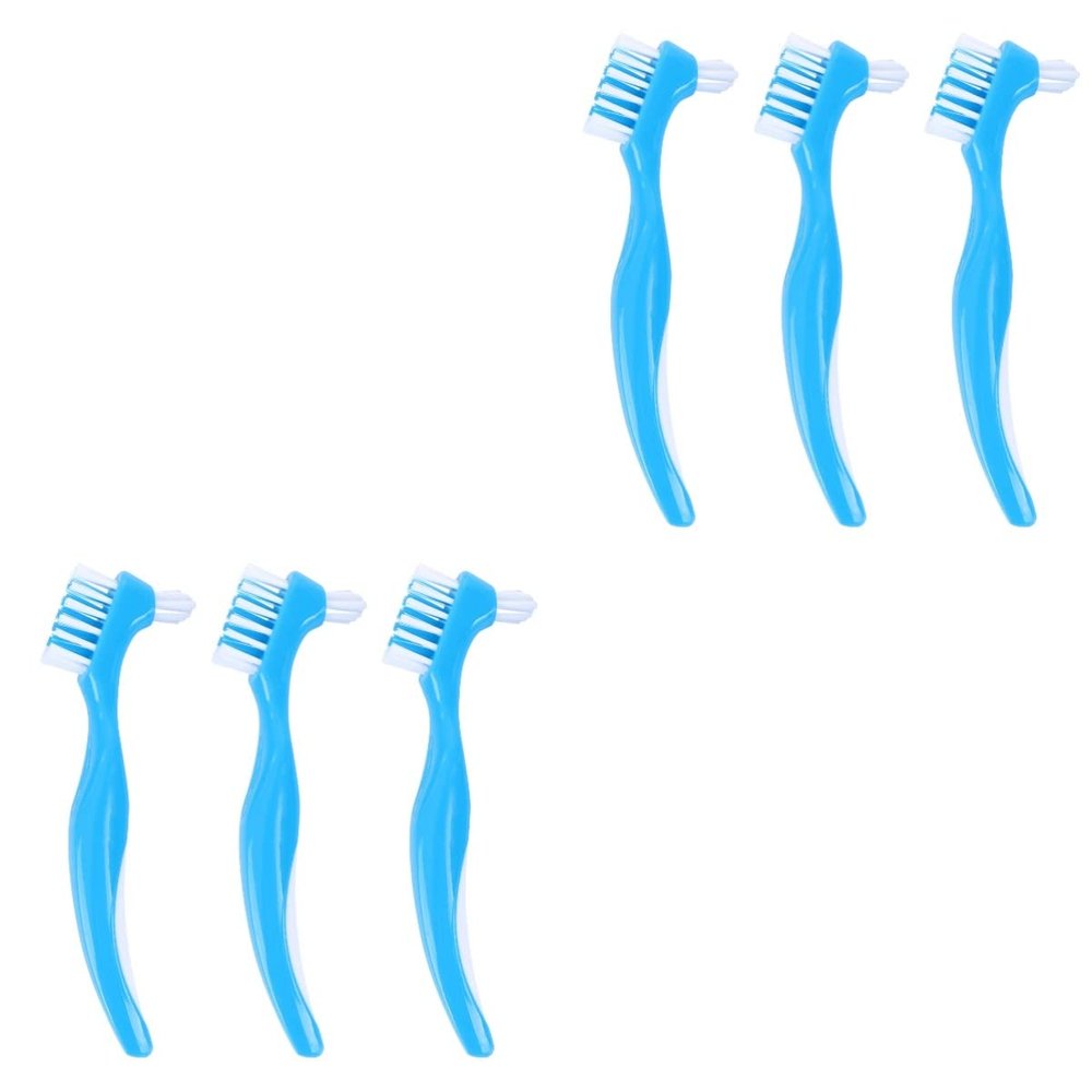 Healifty 6pcs Denture Cleaning Brush Double Brush Heads Non-Slip Handle for Denture Care Portable and Durable for Home Use Blue