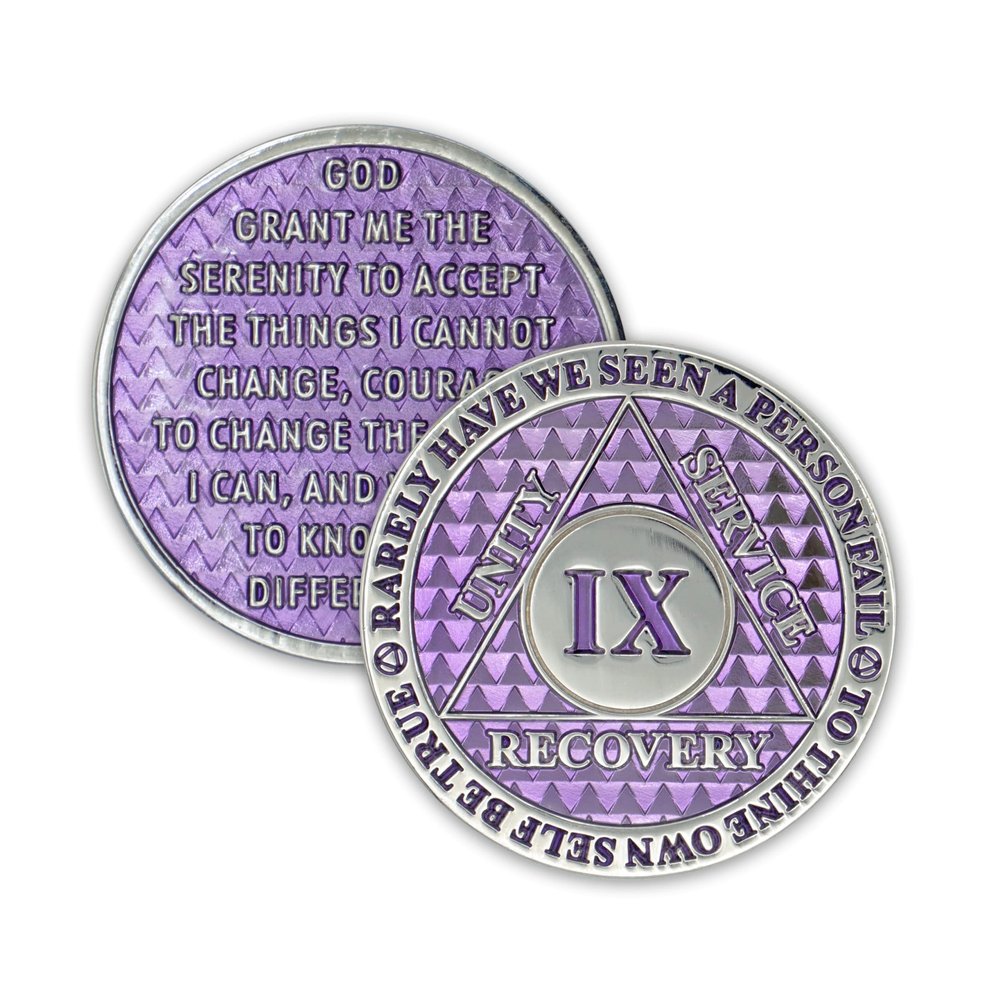 9 Year Sobriety Coin | Legacy AA Chip | Thick Triplate Recovery Anniversary Token (Lavender)