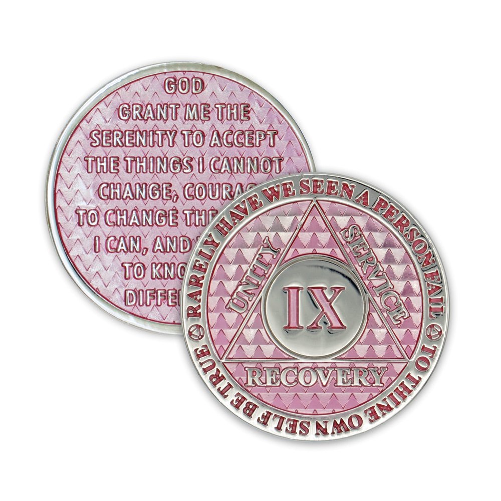 9 Year Sobriety Coin | Legacy AA Chip | Thick Triplate Recovery Anniversary Token (Pink)