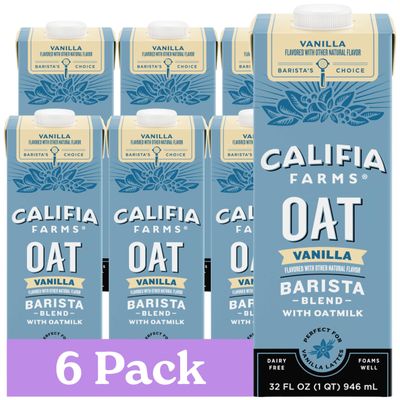 Califia Farms Vanilla Oat Barista Blend Oat Milk, 32 Oz (Pack of 6), Shelf Stable, Dairy Free, Plant Based, Vegan, Gluten Free, Non GMO, Milk Frother, Creamer, Blue
