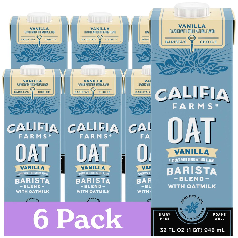 Califia Farms  Vanilla Oat Barista Blend Oat Milk, 32 Oz (Pack of 6), Shelf Stable, Dairy Free, Plant Based, Vegan, Gluten Free, Non GMO, Milk Frother, Creamer, Blue