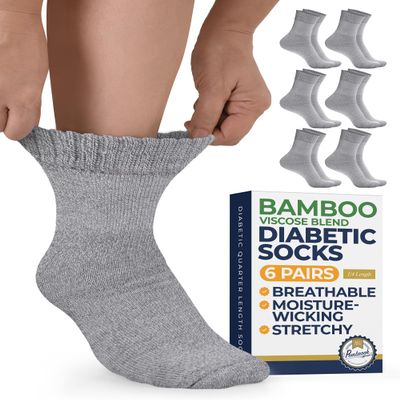 Pembrook Bamboo Viscose Diabetic Socks for Women & Men - 6 Pairs Ankle Neuropathy Socks | Stretch Top for Swollen Feet | Gray