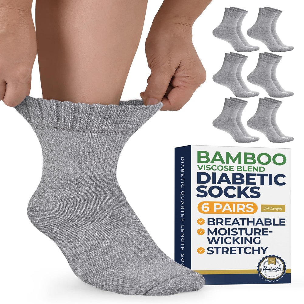 Pembrook Bamboo Viscose Diabetic Socks for Women & Men - 6 Pairs Ankle Neuropathy Socks | Stretch Top for Swollen Feet | Gray