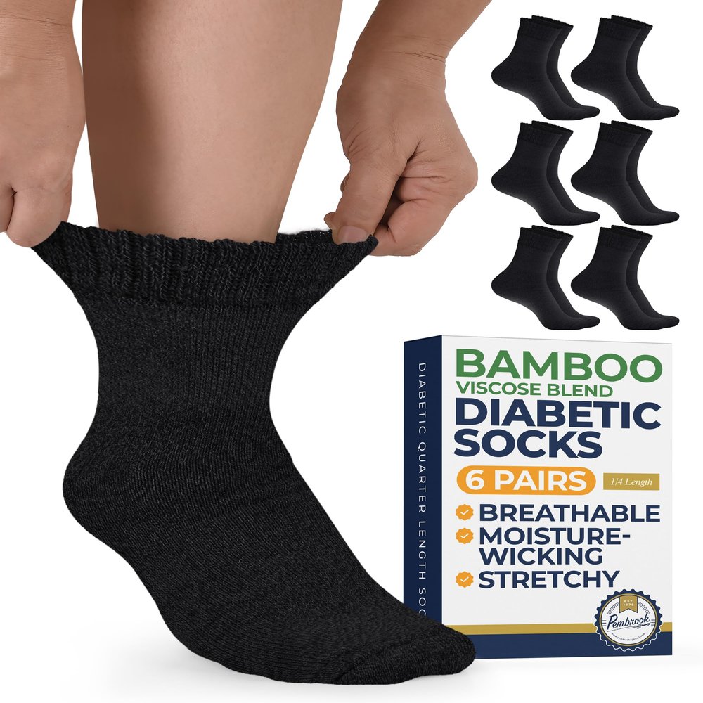 Pembrook Bamboo Viscose Diabetic Socks for Women & Men - 6 Pairs Ankle Diabetic Socks for Men 9-12 for Swollen Feet & Neuropathy | Moisture Wicking | Black