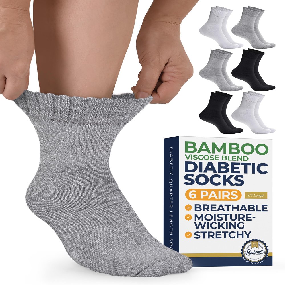 Pembrook Bamboo Viscose Diabetic Socks for Women & Men - 6 Pairs Ankle Socks for Swollen Feet | Neuropathy Socks | Stretch Top Diabetic Socks for Men 9-12 | Black, Gray, White