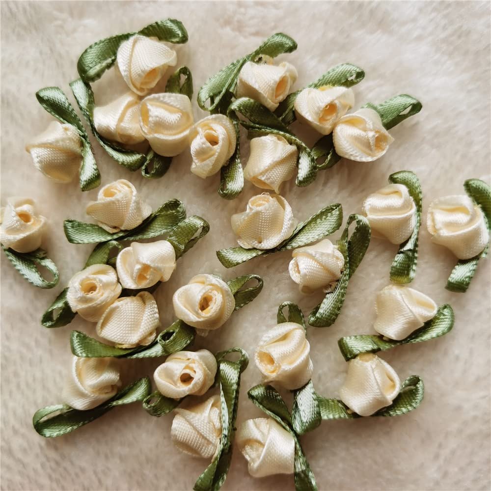 200pcs Mini Satin Ribbon Flower Bows Rose Wedding Sewing Crafts Appliques Polyester for Wedding Bride Gift Wrapping Decoration (Apricot)