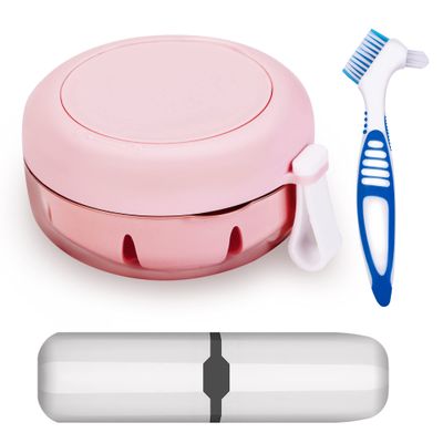 Denture Case with Brush & Portable Toothbrush Box, 100% No-Leak Retainer Box Set for Traveling Perfectly, Retainer Cup with Strainer & Mirror for Retainer, Mouth Guard, Aligner & Denture (PINK)