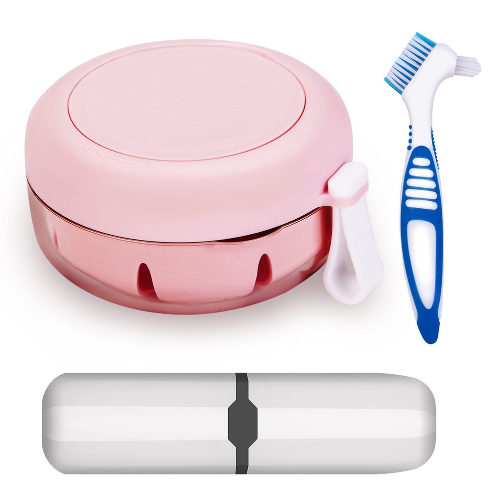Denture Case with Brush & Portable Toothbrush Box, 100% No-Leak Retainer Box Set for Traveling Perfectly, Retainer Cup with Strainer & Mirror for Retainer, Mouth Guard, Aligner & Denture (PINK)