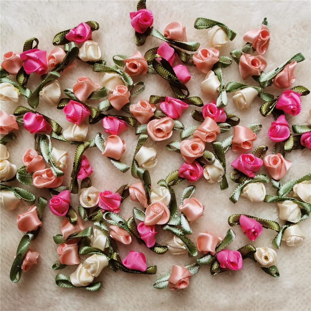 200pcs Mini Satin Ribbon Flower Bows Rose Wedding Sewing Crafts Appliques Polyester for Wedding Bride Gift Wrapping Decoration (Mix Coloe)