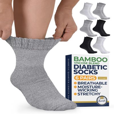 Pembrook Bamboo Viscose Diabetic Socks for Women & Men - 6 Pairs Ankle Stretch Top Mens Diabetic Socks | Neuropathy | Black, Gray, White