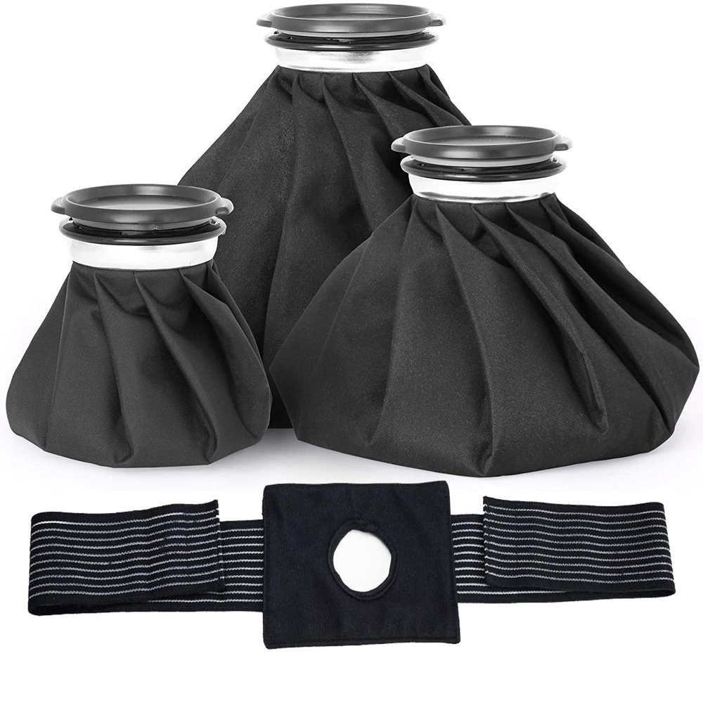 Capshat Ice Bag for Injuries, First-Aid Pain Relief, Refillable Ice Bags for Teeth, Knees, Menstrual, Shoulders, Headaches, Cold & Hot Therapy Water Bags, Reusable Cold Packs (Black 6"/9"/11" Wrap)