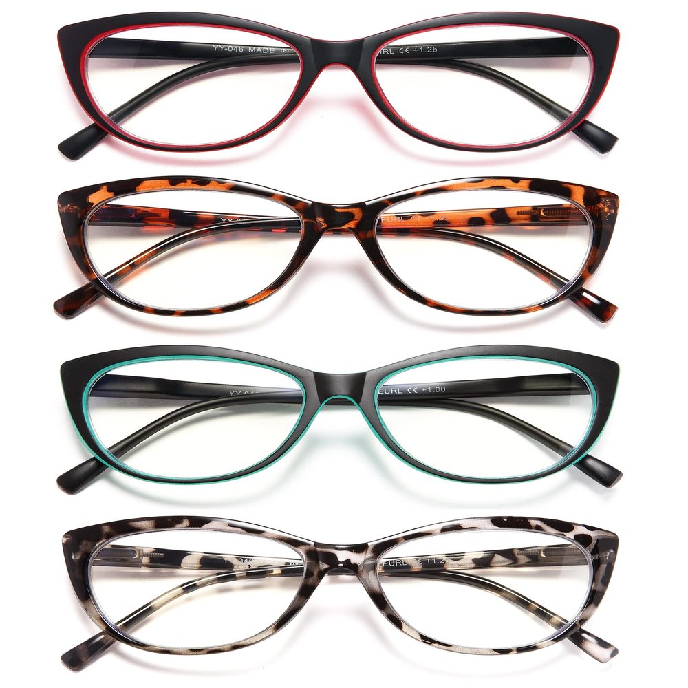 EYEURL 4 Pack Cat Eye Reading Glasses for Women, Blue Light Blocking Readers Lightweight Spring Hinge Anti Eyestrain UV Fashion Eyeglasses +4.00