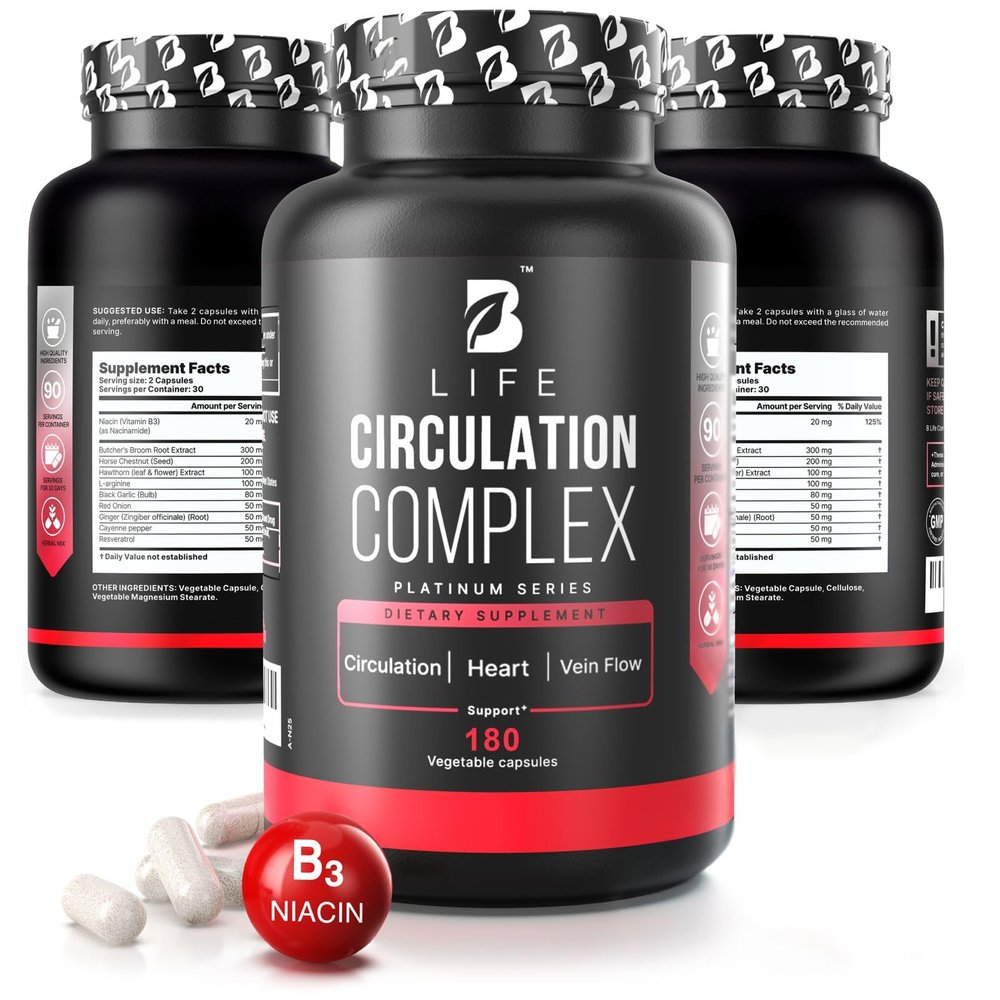 Butchers Broom, Horse Chestnut, L-Arginine and Resveratrol, Circulation Complex | 180 Caps - 45 Days | Made in USA by B Life. (CirculationUSA)