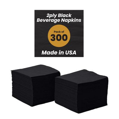 Perfectware 2-Ply Black Beverage Napkins - 300 Count Cocktail Napkins, 10 x 10 Inches