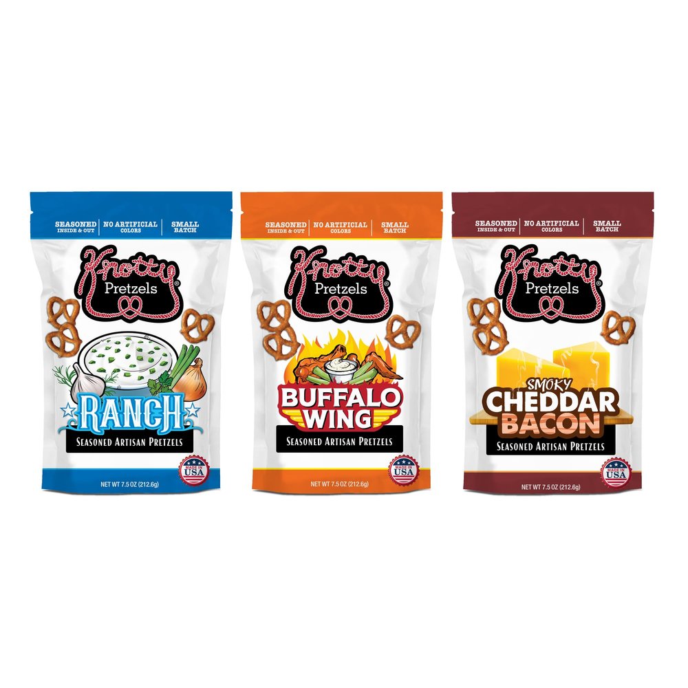 Knotty Pretzels  The Official Pretzel of Beer 7.5 Ounce Pretzel in Resealable Snacks Bags, Flavored Pretzels, Buffalo Wings, Smokey Cheddar Bacon, Ranch - Bold Variety (3 Pack)