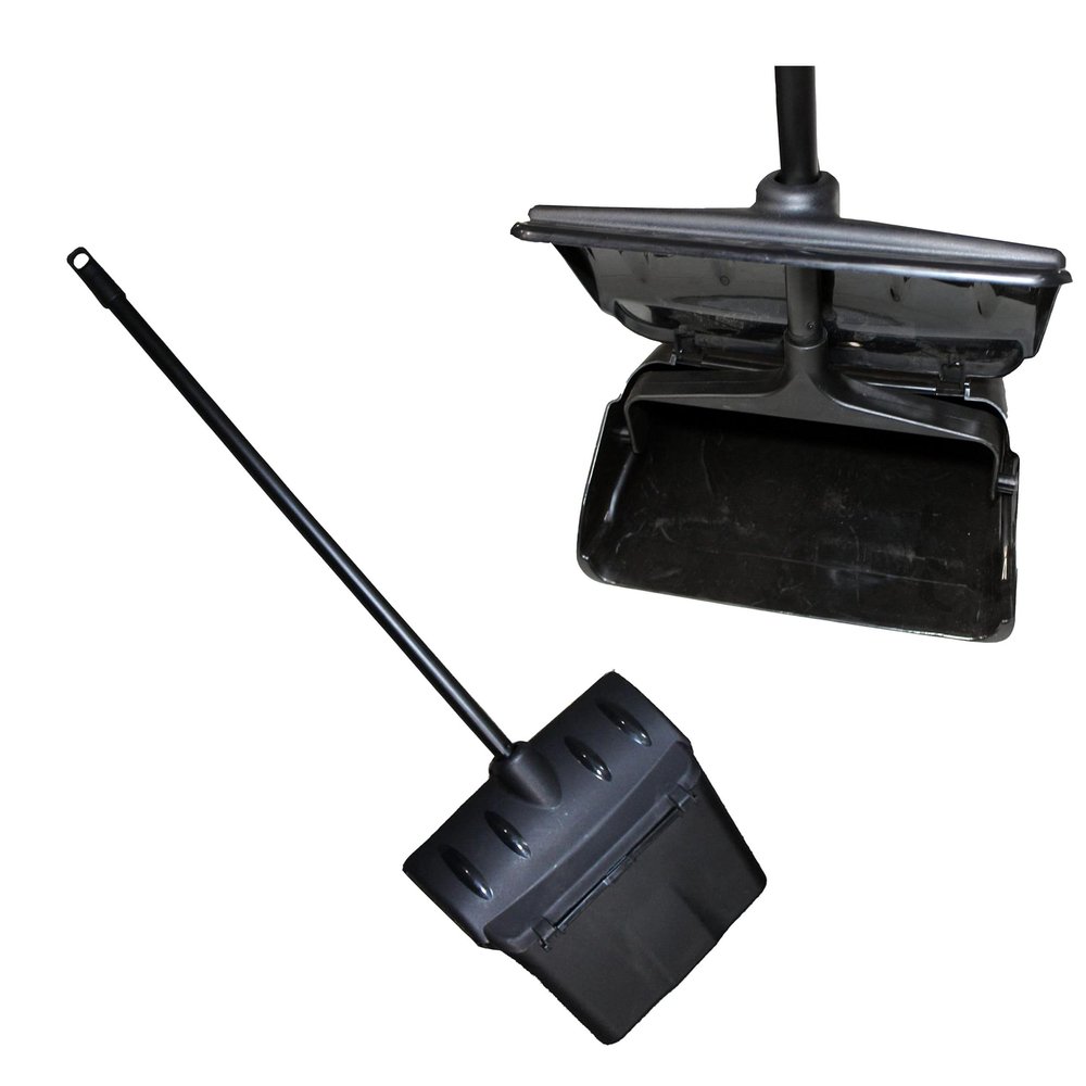 [1 Pack] Pivoting Dust Pan with Plastic Handle 38" Length Black - Plastic Lobby Dustpan with Cover