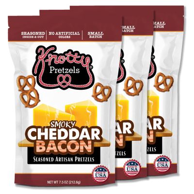 Knotty Pretzels - "The Official Pretzel of Beer" 7.5 Ounce Individual Seasoned Pretzel in Resealable Snack Bags - Smokey Cheddar Bacon (3 Pack)