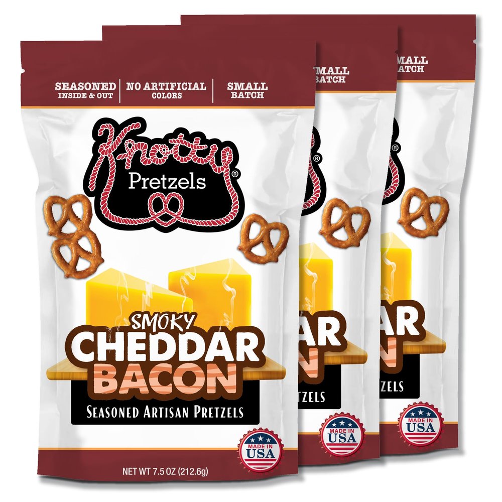 Knotty Pretzels - "The Official Pretzel of Beer" 7.5 Ounce Individual Seasoned Pretzel in Resealable Snack Bags - Smokey Cheddar Bacon (3 Pack)