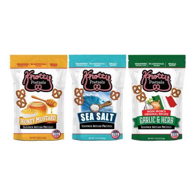 Knotty Pretzels "The Official Pretzel of Beer" 7.5 Ounce Pretzel in Resealable Snacks Bags, Flavored Pretzels, Garlic & Herb, Honey Mustard, Sea Salt - Savory Variety (3 Pack)