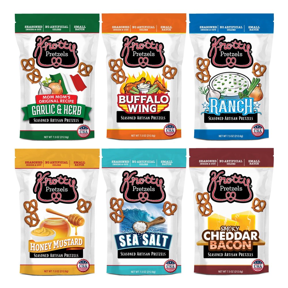Knotty Pretzels - "The Official Pretzel of Beer" 7.5 Ounce Pretzel in Resealable Snacks Bags - Variety Pack (6 Pack)